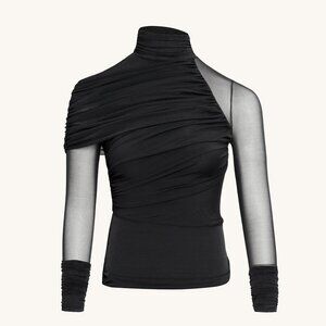Sheer Mesh Ruched Turtleneck Top - Black